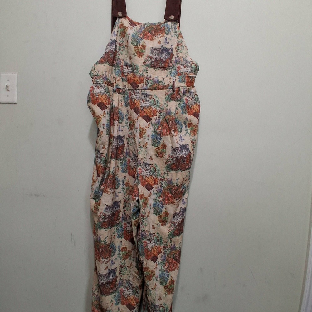 Cider Women 1XL Tan Cat Floral Tapestry Overalls Wide Leg Jumpsuit